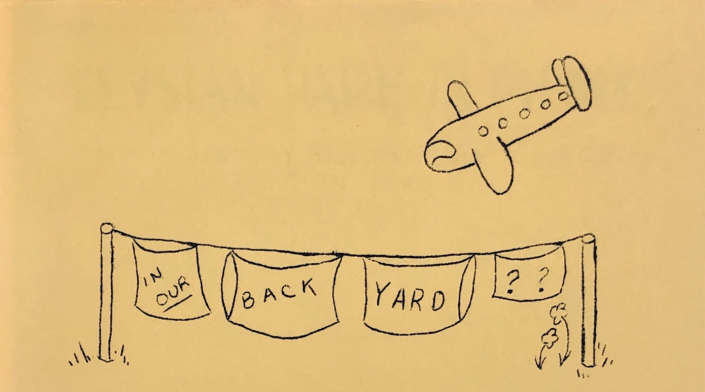 A drawing of an airplane and a clothesline, with words on the clothing saying "In our back yard??"